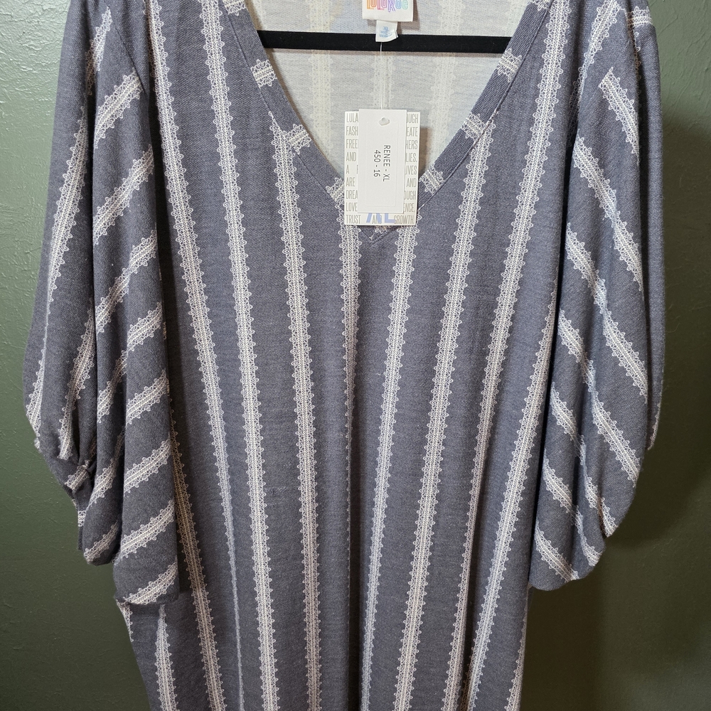 LuLaRoe Renee Gray V-Neck Tunic with Cream Stripes